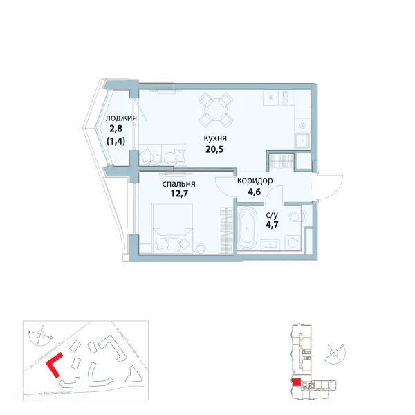 Планировка 1 комн. в ЖК "Символ"