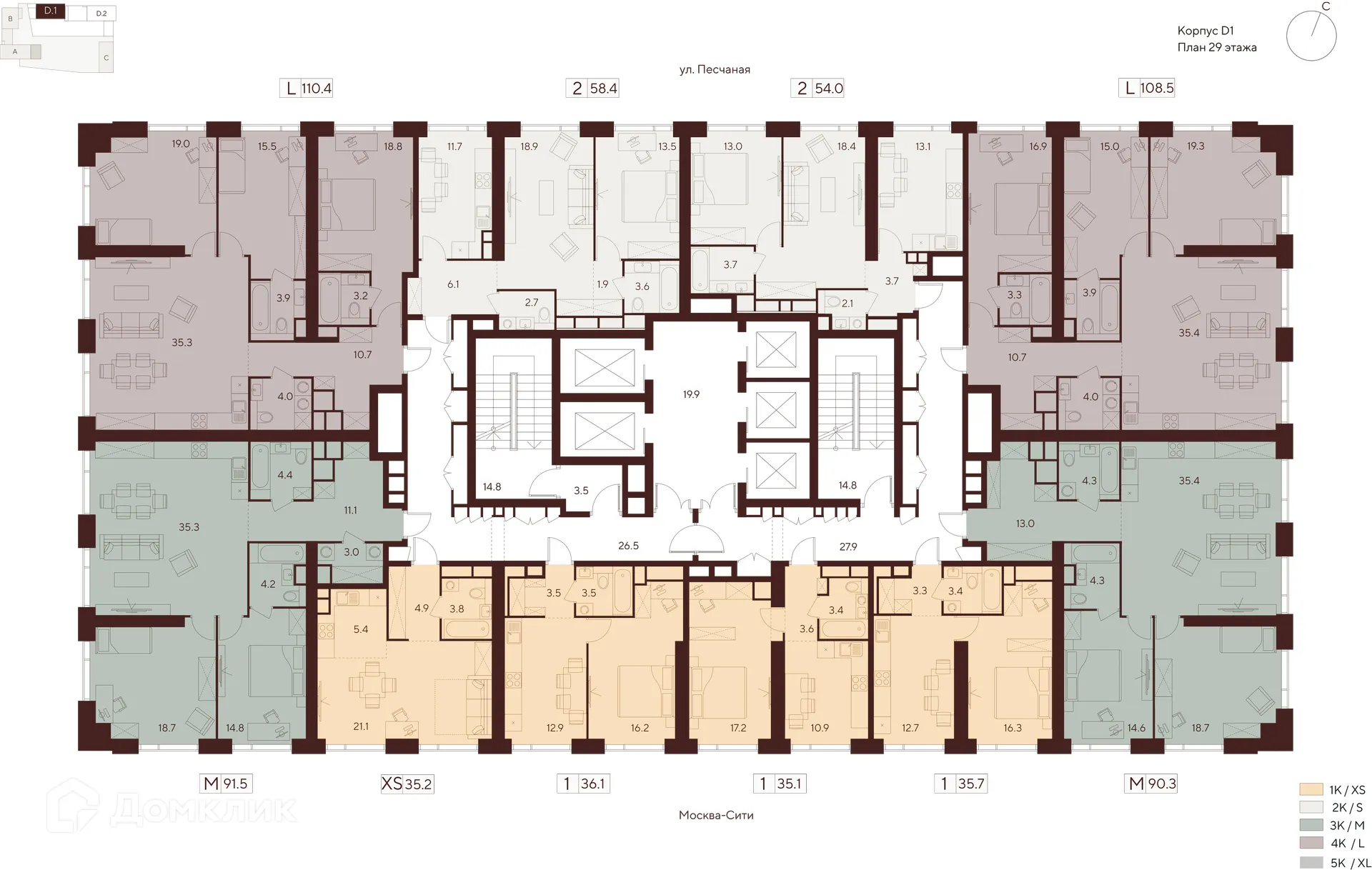 Планировка 3-комнатной квартиры 108.5 м² в ЖК Инди Тауэрз, г. Москва — фото 2