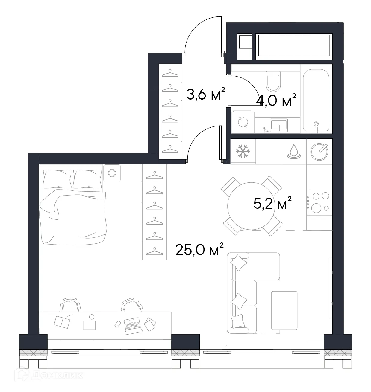 Планировка студии квартиры 37.8 м² в ЖК «1-й Нагатинский», г. Москва — фото 1