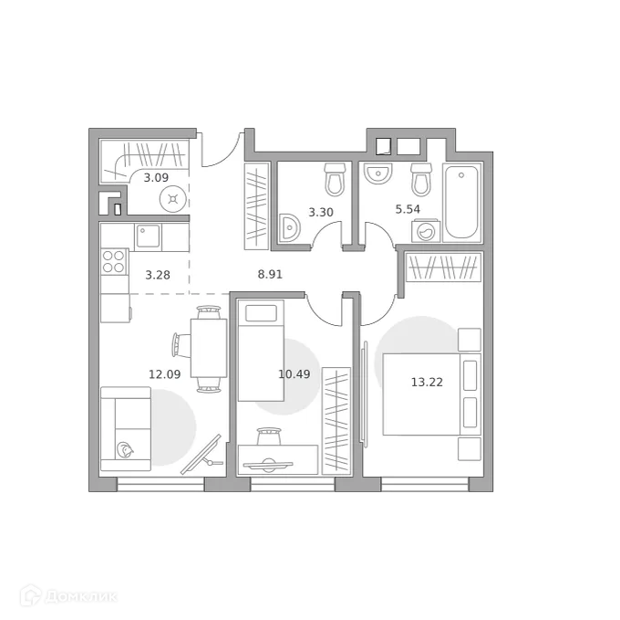 Планировка 3-комнатной квартиры 59.92 м² в ЖК BeLuck Коломенское (БеЛук Коломенское), г. Москва — фото 1