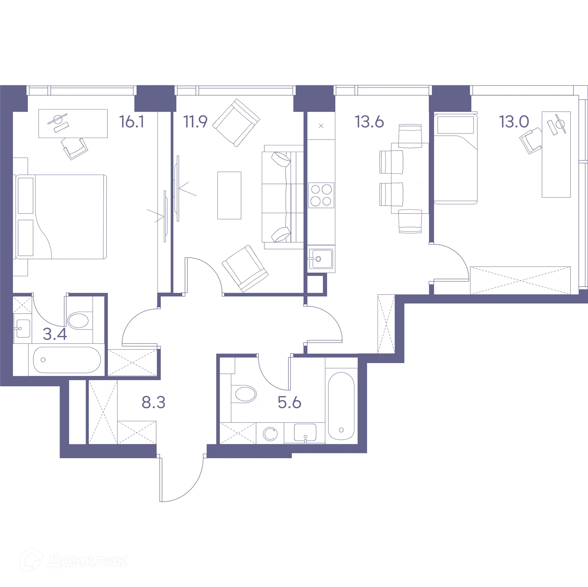 Планировка 3-комнатной квартиры 71.9 м² в Зе Лот от Аквилон, г. Москва — фото 1