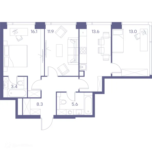 Планировка 3 комн. в Зе Лот от Аквилон