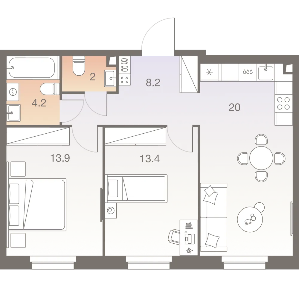 Планировка 3-комнатной квартиры 61.7 м² в ЖК Twelve  (Твелв ), г. Москва — фото 2