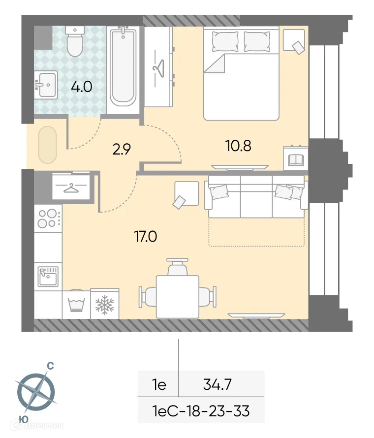 Планировка 1-комнатной квартиры 34.7 м² в ЖК "Зиларт", г. Москва — фото 2
