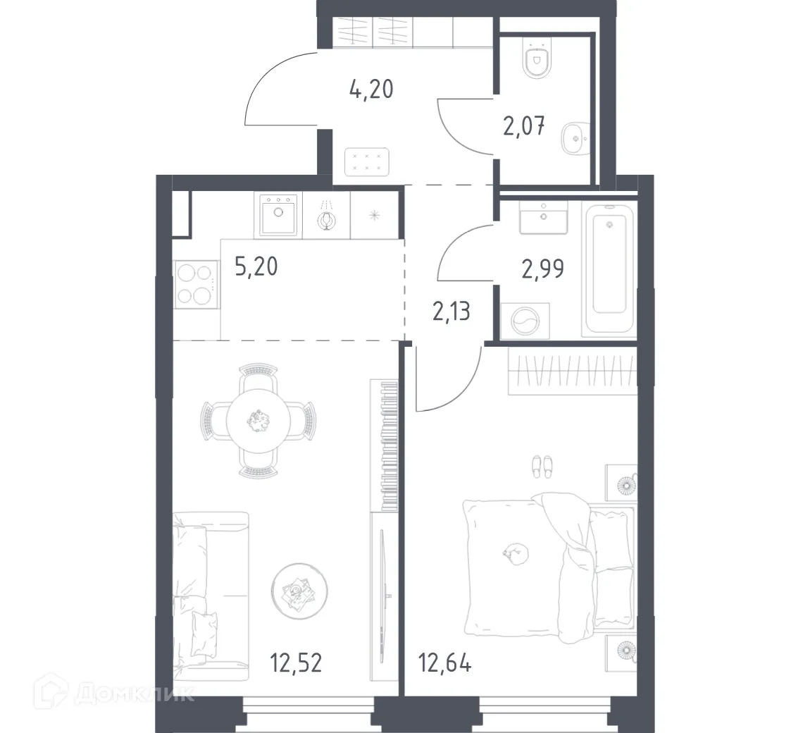 Планировка 1-комнатной квартиры 41.75 м² в ЖК Квартал Строгино, г. Москва — фото 1