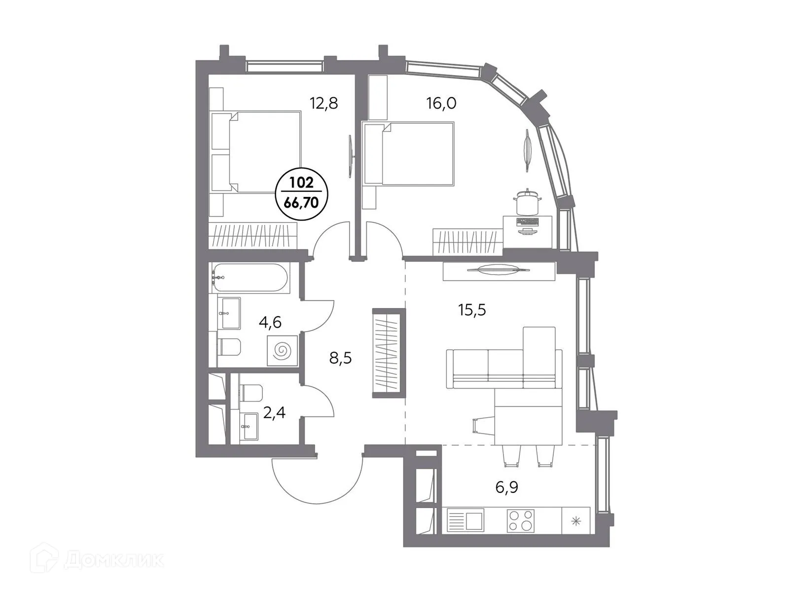Планировка 2-комнатной квартиры 66.7 м² в ЖК "Дом 56", г. Москва — фото 3