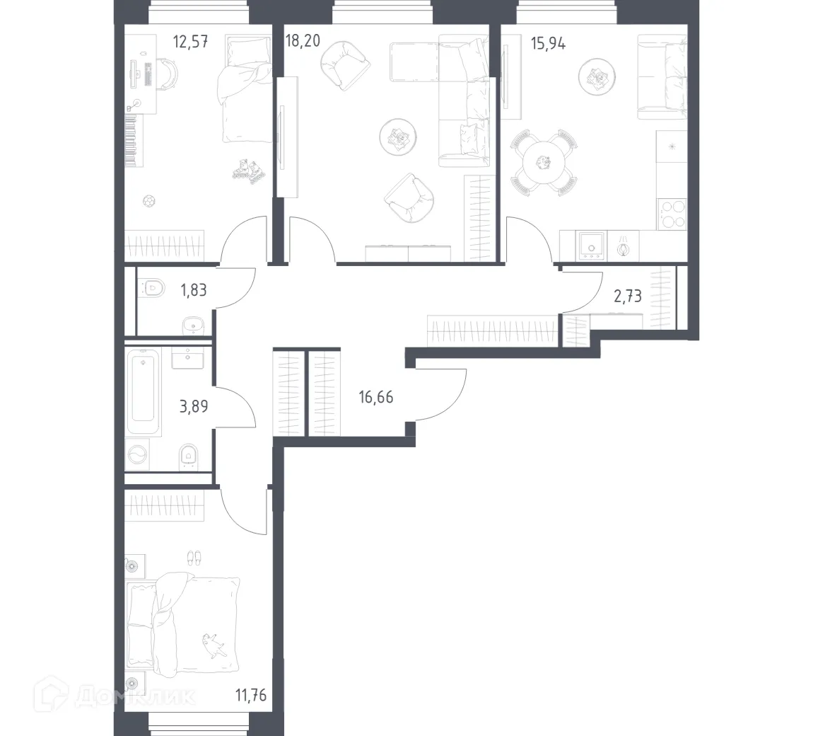 Планировка 3-комнатной квартиры 83.58 м² в ЖК Квартал Домашний, г. Москва — фото 1