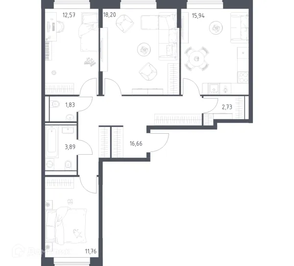 Планировка 3 комн. в ЖК Квартал Домашний