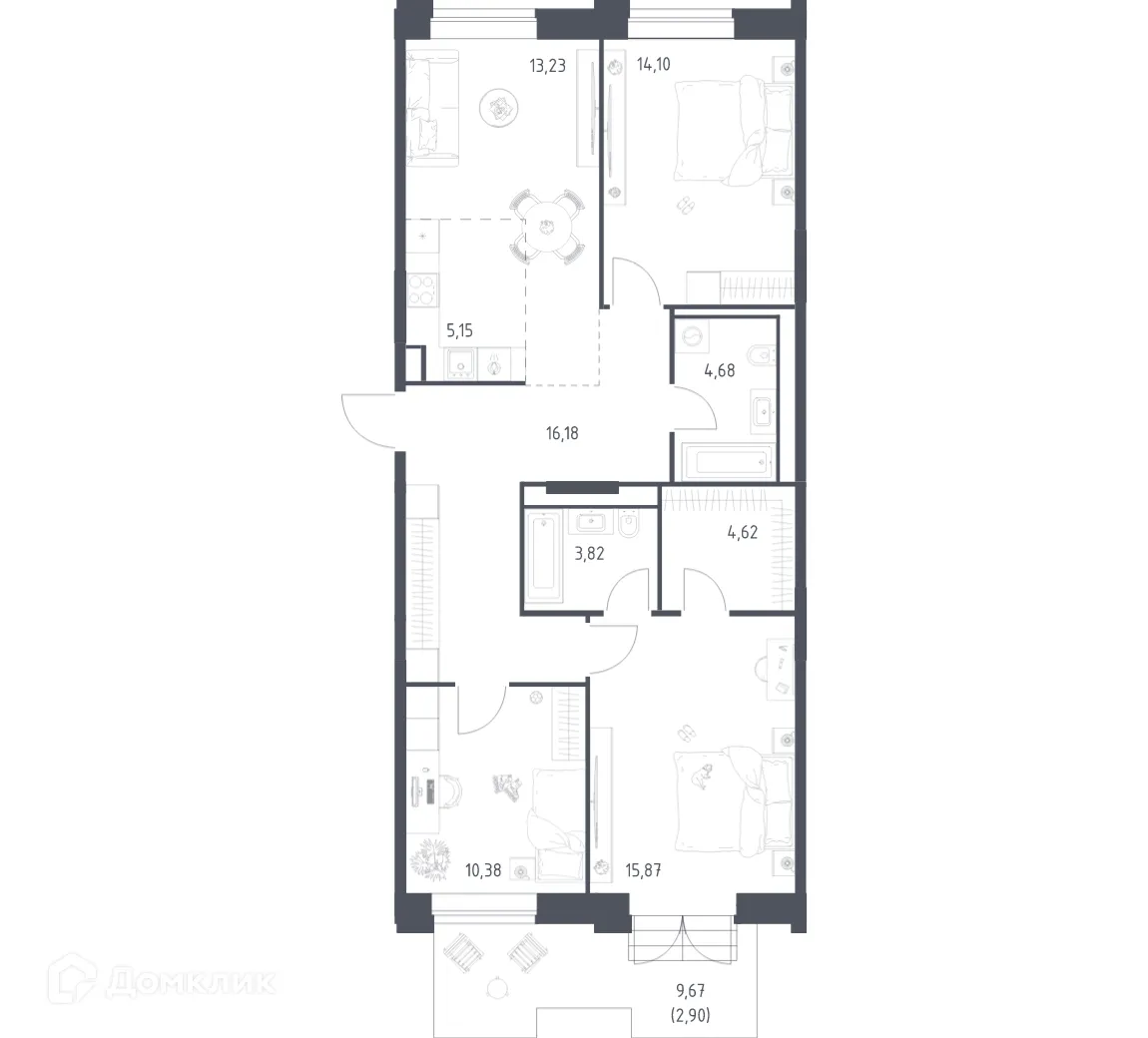 Планировка 3-комнатной квартиры 90.93 м² в ЖК Верейская 41, г. Москва — фото 1
