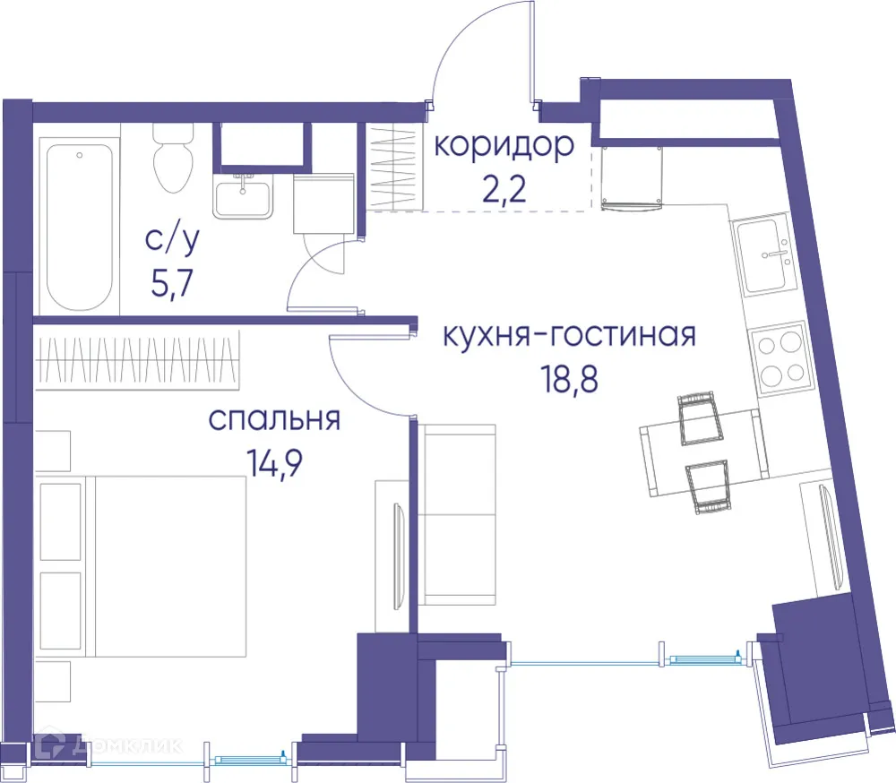 Планировка 1-комнатной квартиры 41.6 м² в ЖК "Событие", г. Москва — фото 2
