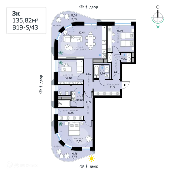 Планировка 3 комн. в СберСити - квартал В19