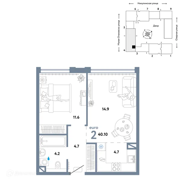 Планировка 2 комн. в ЖК Страна.Озерная