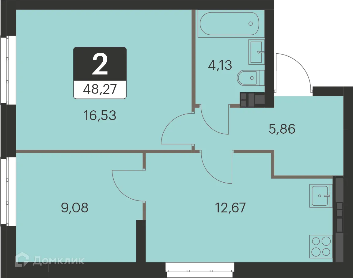 Планировка 2-комнатной квартиры 47.9 м² в ЖК Спутник-1, г. Екатеринбург — фото 1