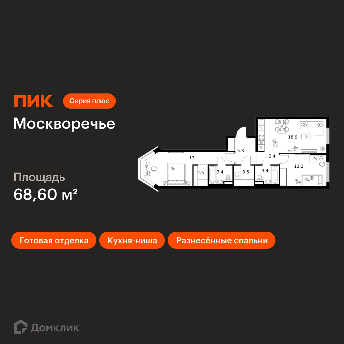 Планировка 2-комнатной квартиры 68.6 м² в ЖК Москворечье, г. Москва — фото 1