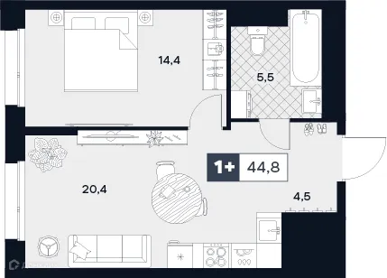 Планировка 1-комнатной квартиры 44.8 м² в ЮТУ, г. Москва — фото 1