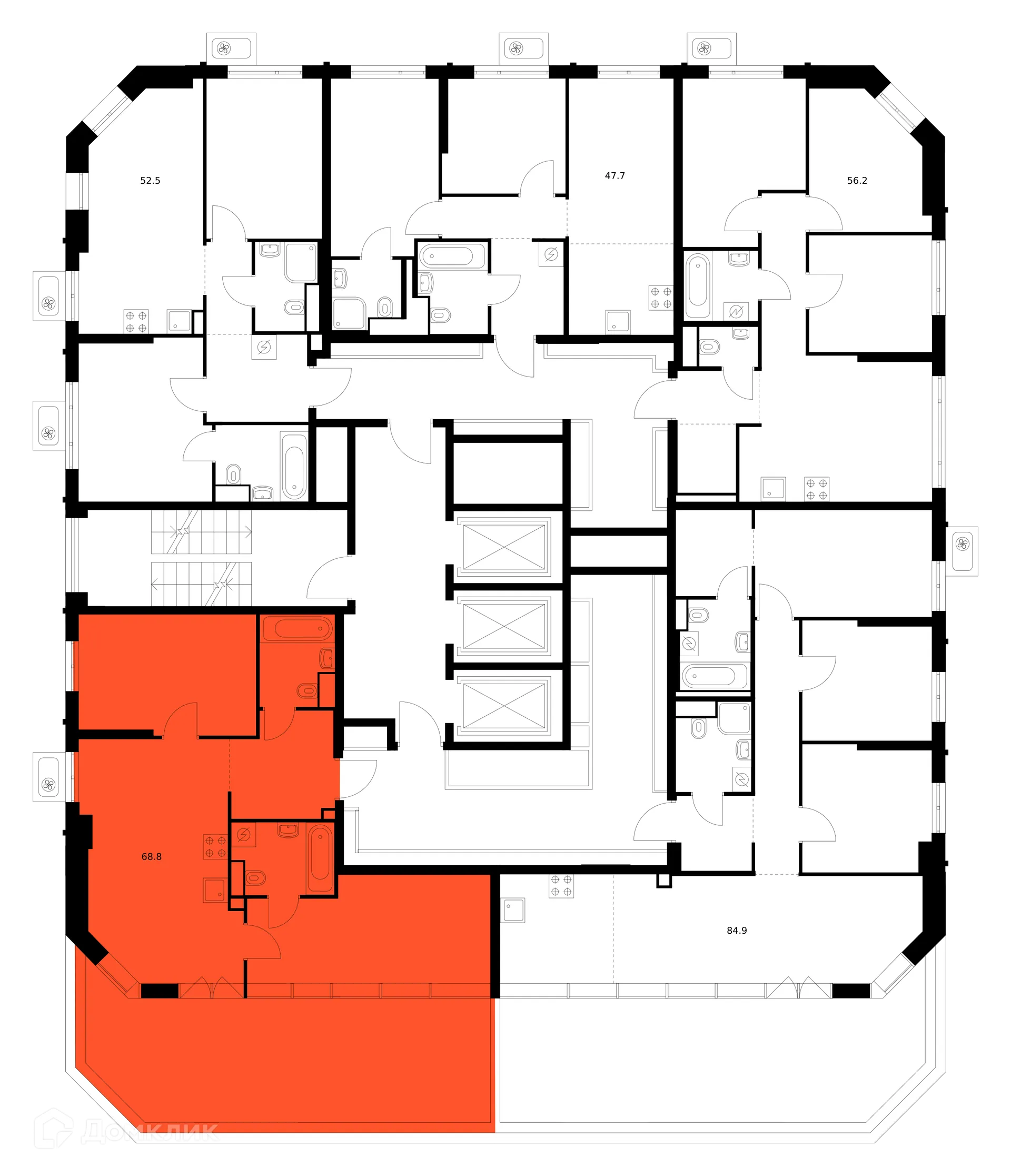 Планировка 2-комнатной квартиры 68.8 м² в ЖК Кавказский бульвар 51, г. Москва — фото 2