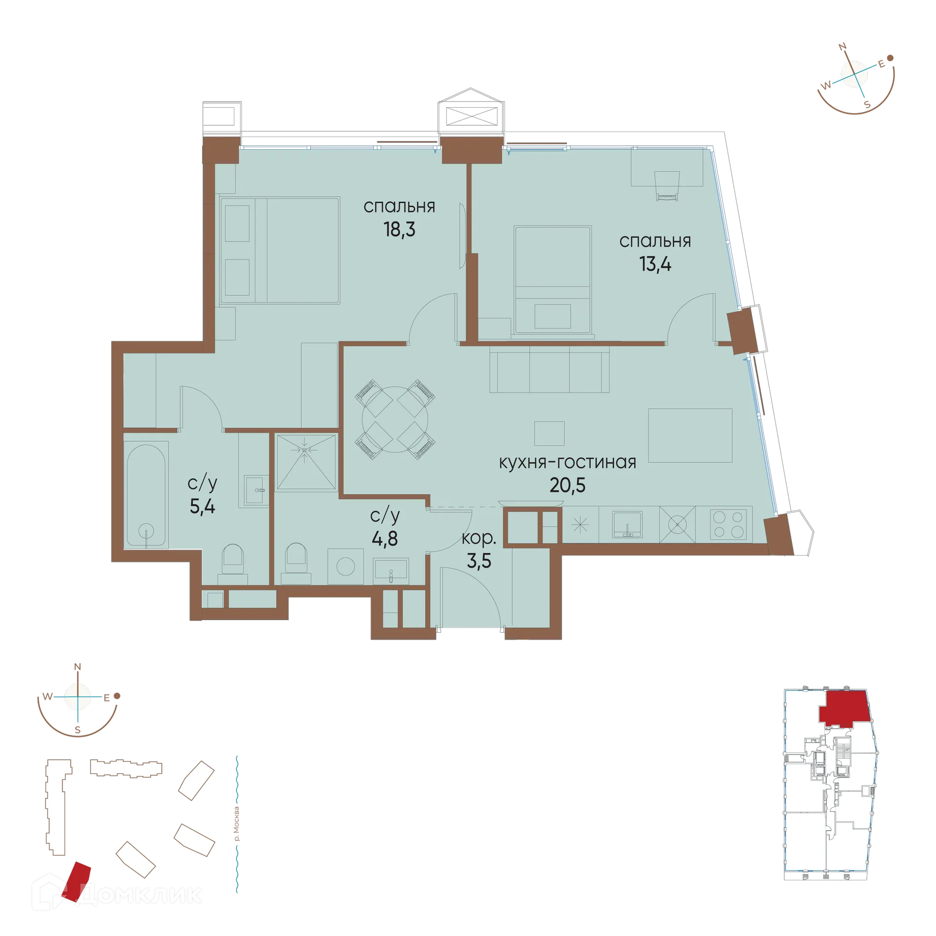 Планировка 2-комнатной квартиры 65.9 м² в ЖК "Остров", г. Москва — фото 1