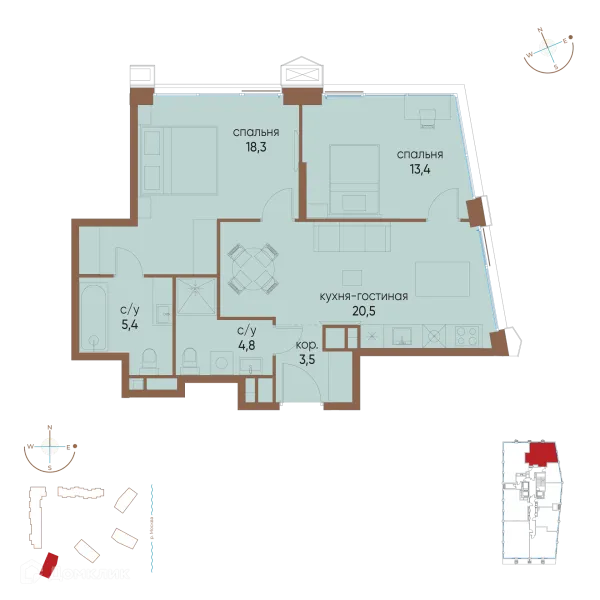 Планировка 2 комн. в ЖК "Остров"