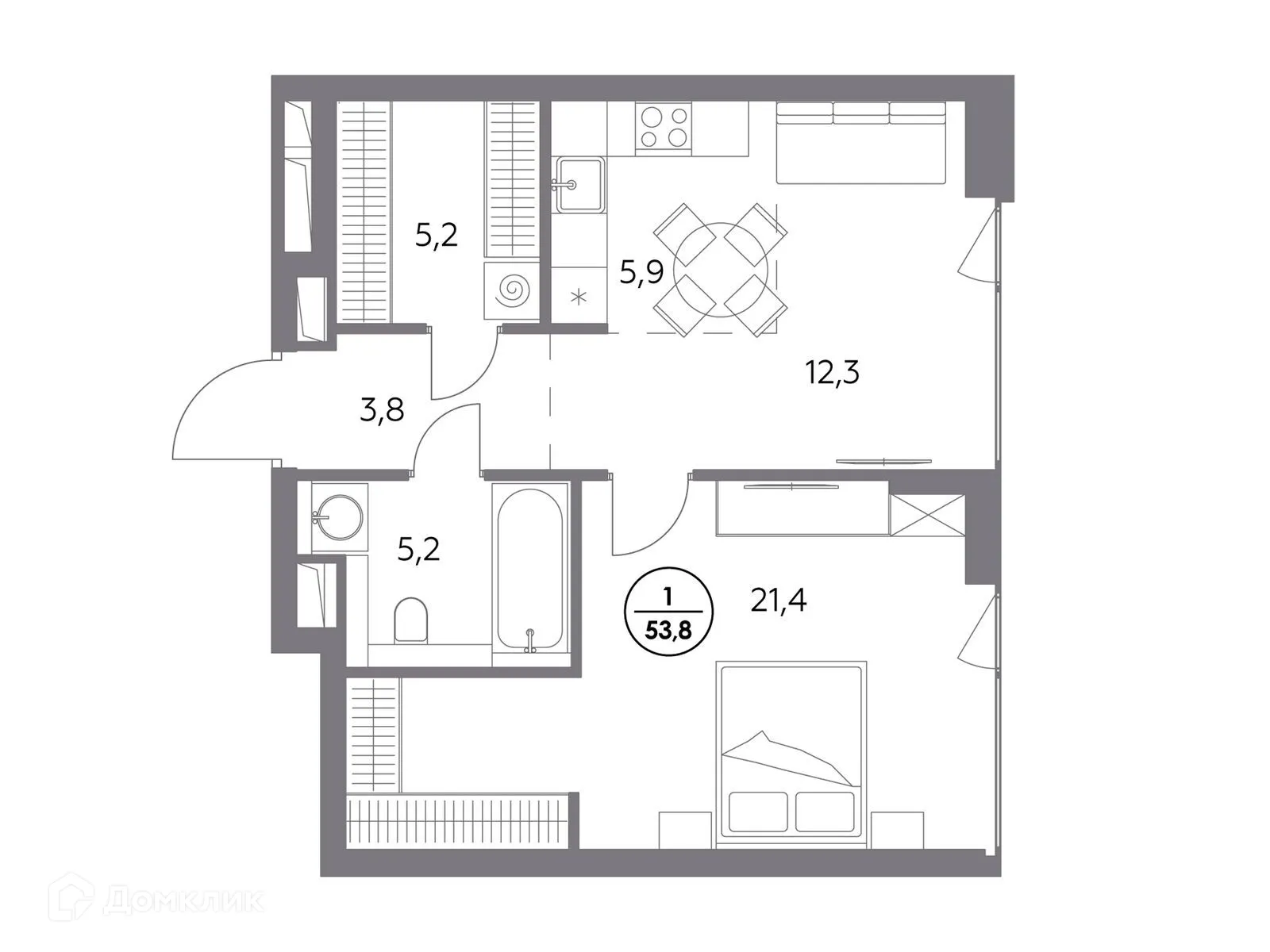 Планировка 1-комнатной квартиры 53.8 м² в ЖК МОНБЛАН, г. Москва — фото 3