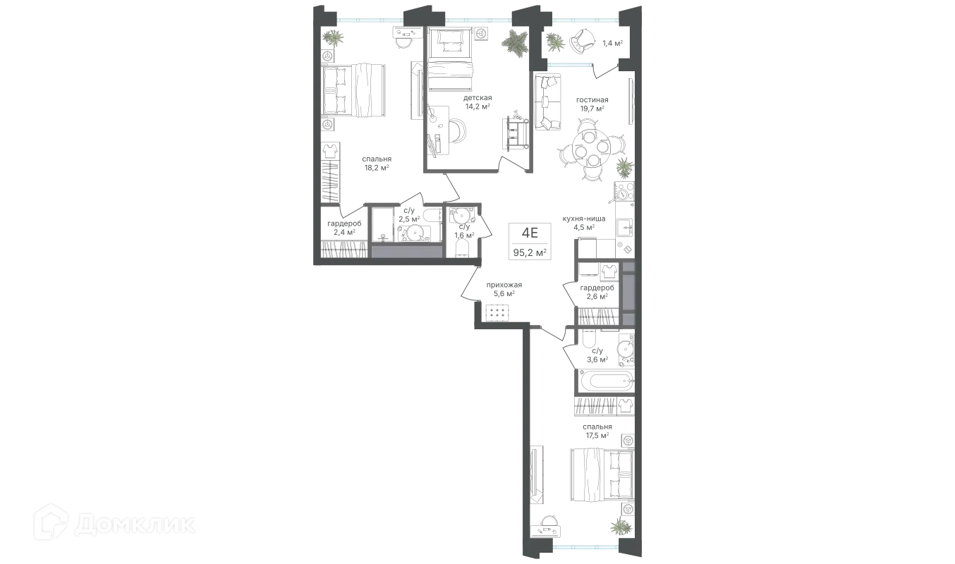 Планировка 4-комнатной квартиры 93.8 м² в ЖК Михалковский, г. Москва — фото 1