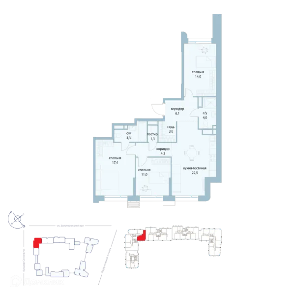 Планировка 3 комн. в ЖК "Символ"