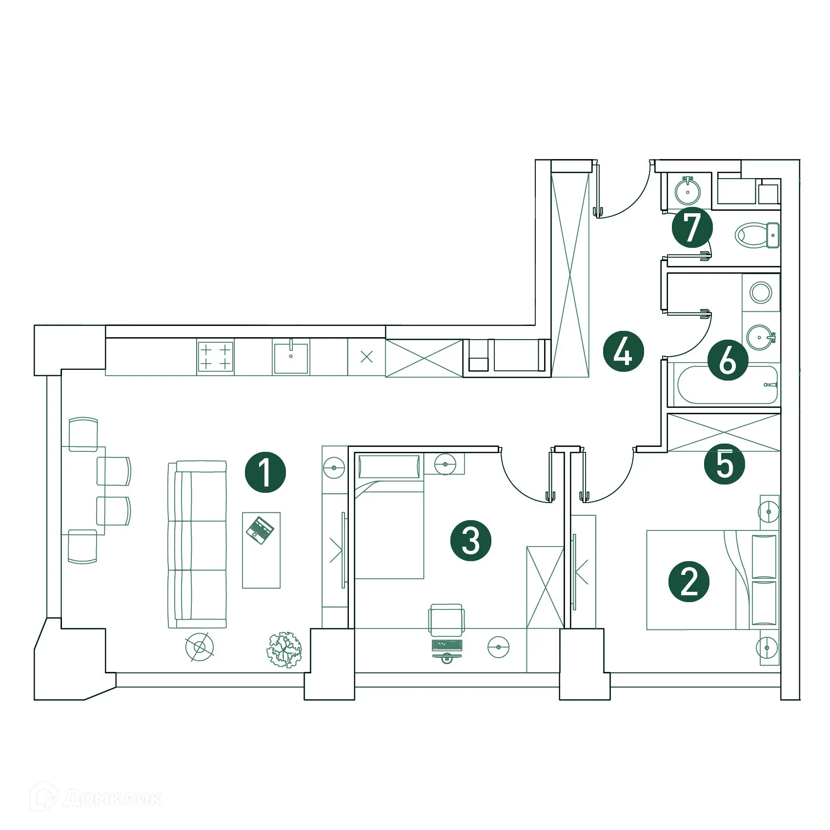 Планировка 3-комнатной квартиры 65.1 м² в ЖК "VERY (Вери)", г. Москва — фото 2