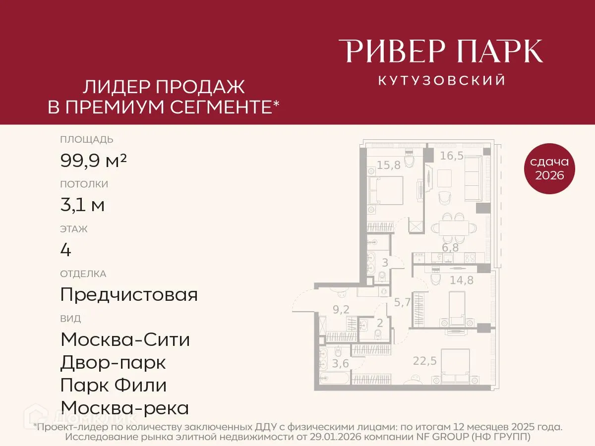 Планировка 3-комнатной квартиры 99.9 м² в ЖК River Park Кутузовский  (Ривер Парк Кутузовский), г. Москва — фото 1