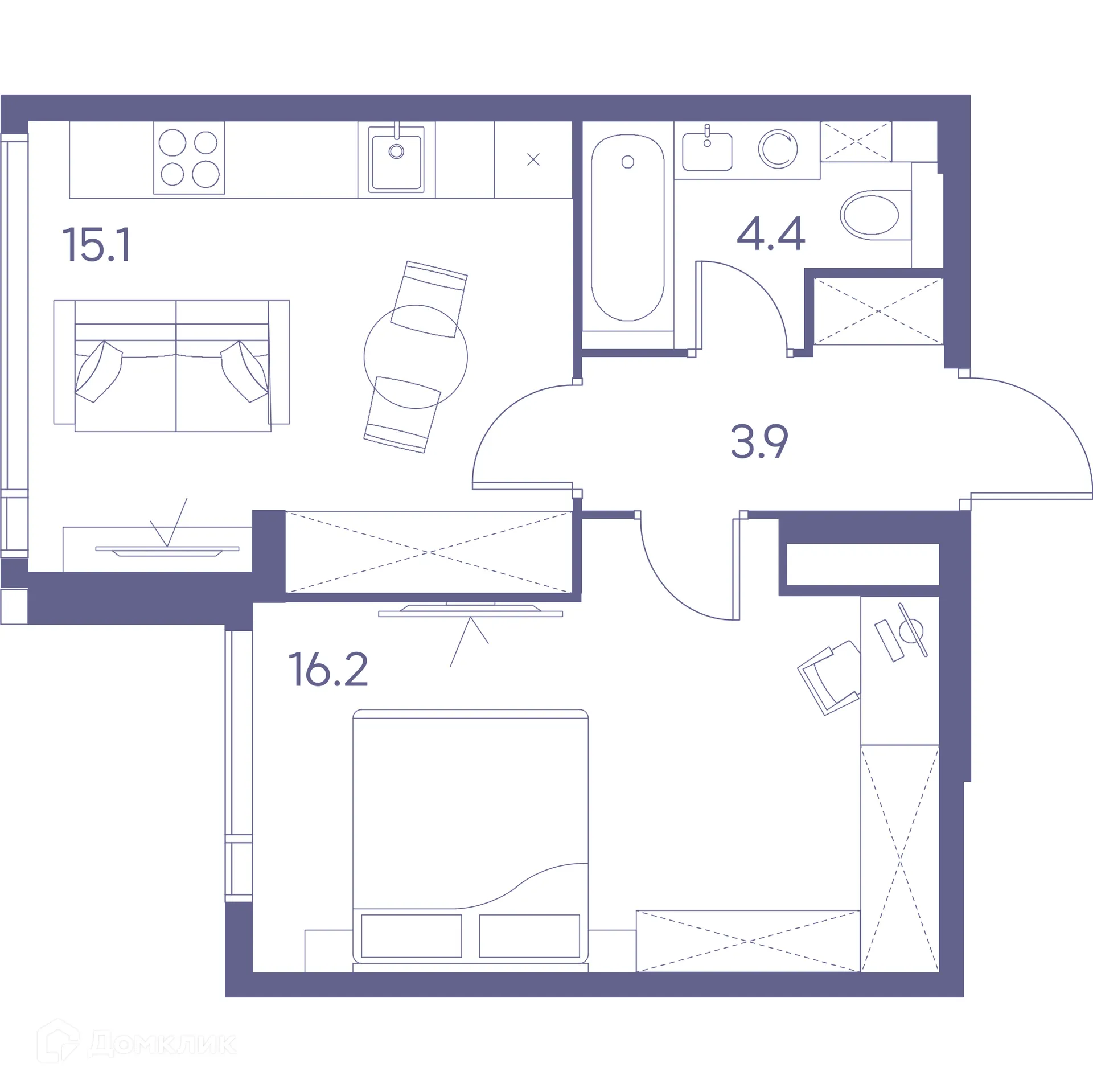 Планировка 1-комнатной квартиры 39.6 м² в Зе Лот от Аквилон, г. Москва — фото 1