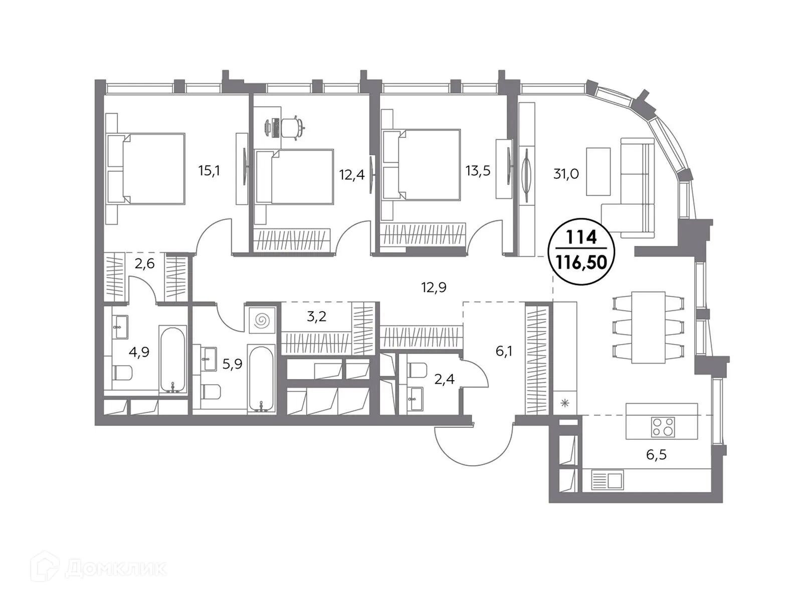 Планировка 3-комнатной квартиры 116.5 м² в ЖК "Дом 56", г. Москва — фото 3
