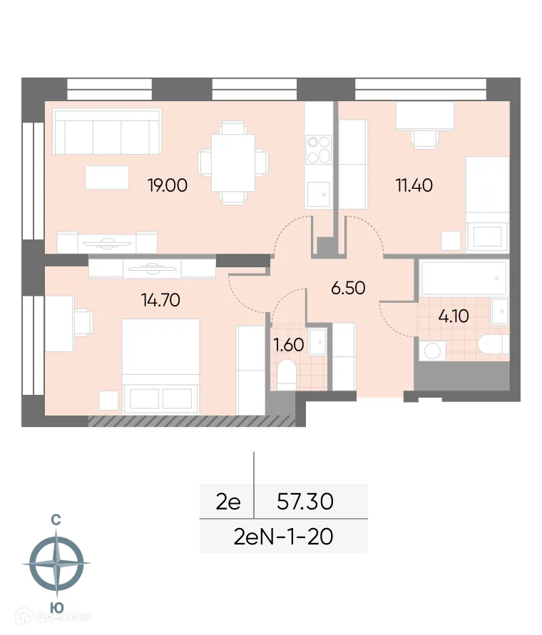 Планировка 2-комнатной квартиры 57.3 м² в ЖК "WAVE" (Вейв), г. Москва — фото 2