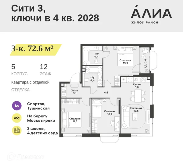 Планировка 3 комн. в ЖК "Жилой район ALIA (АЛИА)"