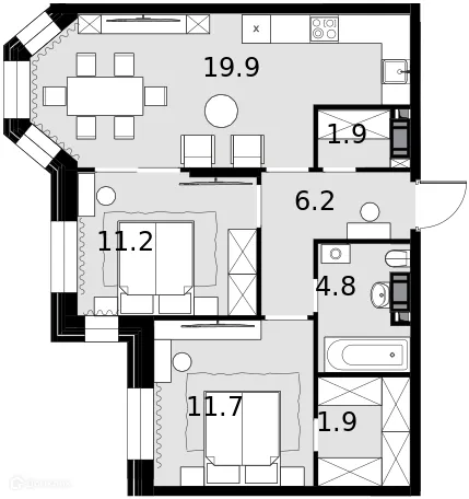 Планировка 2-комнатной квартиры 62.4 м² в ЖК Театральный квартал, г. Москва — фото 1