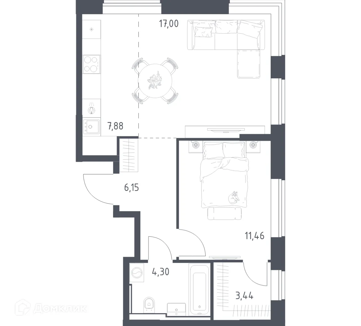 Планировка 1-комнатной квартиры 50.23 м² в ЖК Квартал Домашний, г. Москва — фото 1