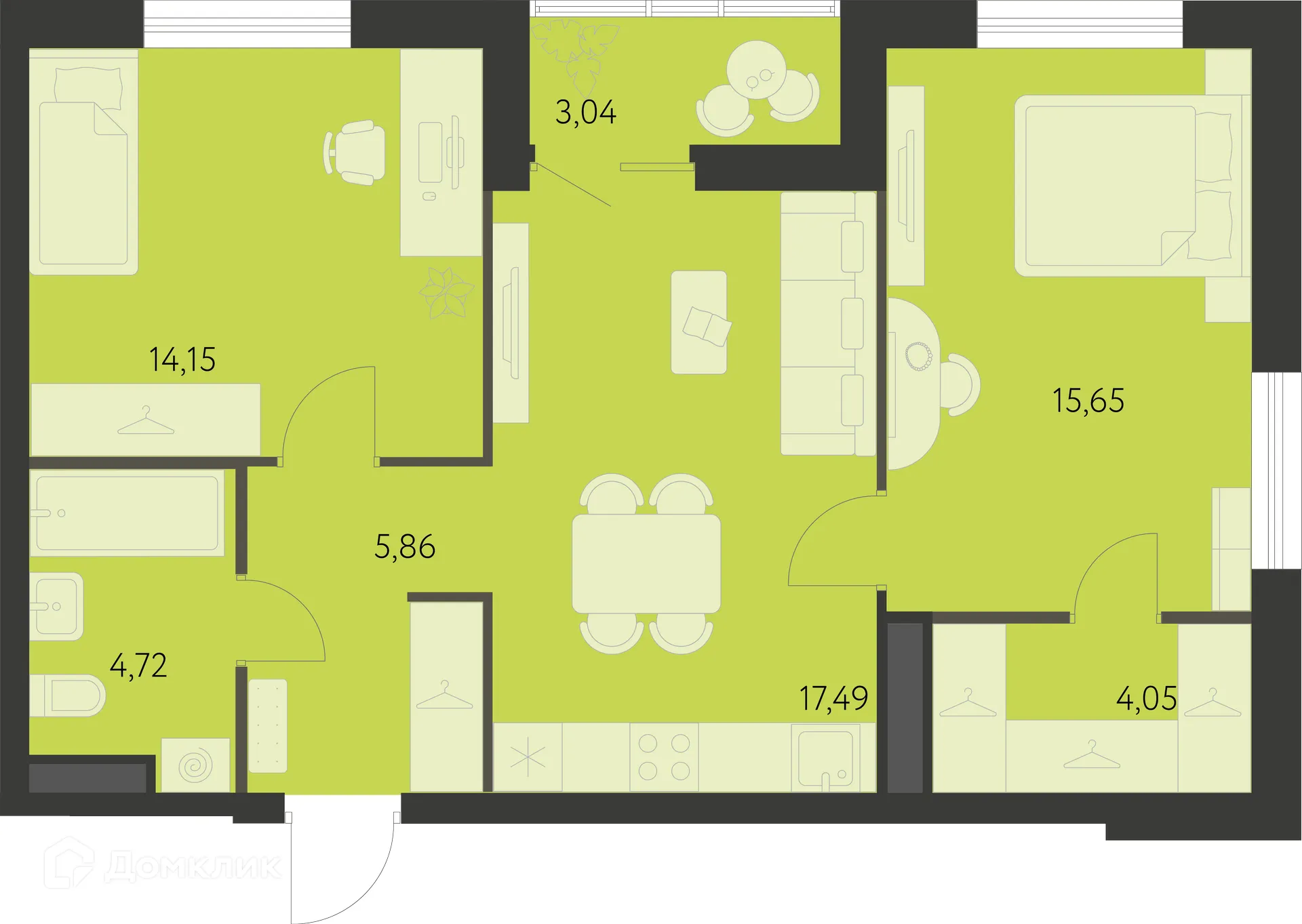 Планировка 2-комнатной квартиры 63.44 м² в ЖК Спутник-1, г. Екатеринбург — фото 1