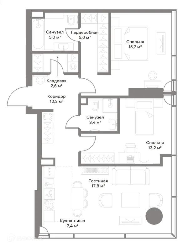 Планировка 2 комн. в ЖК Жилой комплекс премиум-класса SLAVA (СЛАВА)