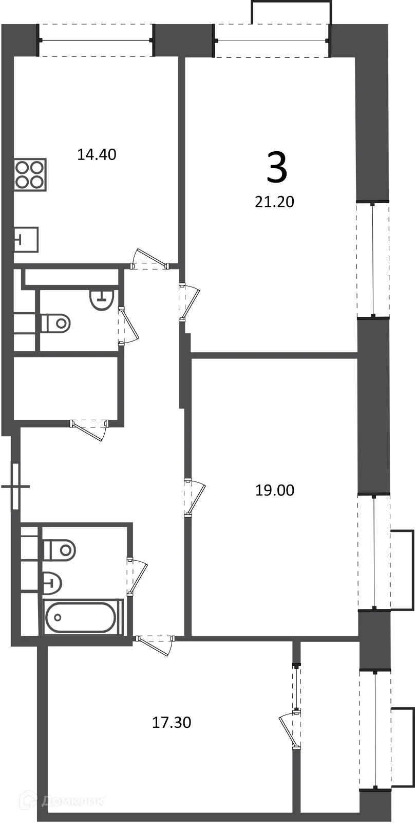 Планировка 3-комнатной квартиры 93.6 м² в Клинская ул., д. 2А (Московские кварталы), г. Москва — фото 1