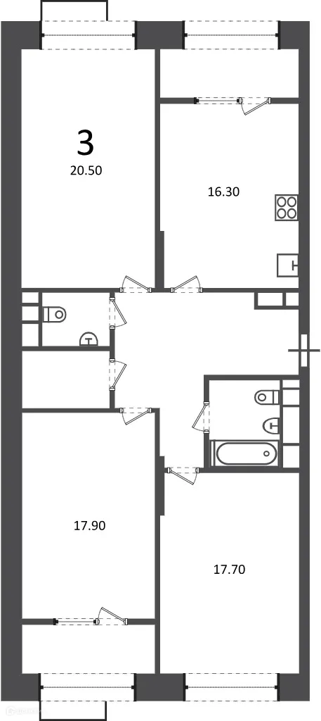 Планировка 3-комнатной квартиры 94.9 м² в Клинская ул., д. 2А (Московские кварталы), г. Москва — фото 1