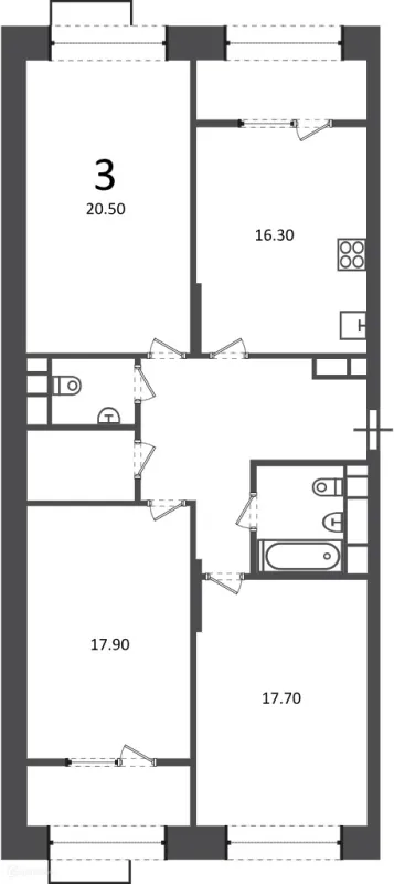 Планировка 3 комн. в Клинская ул., д. 2А (Московские кварталы)