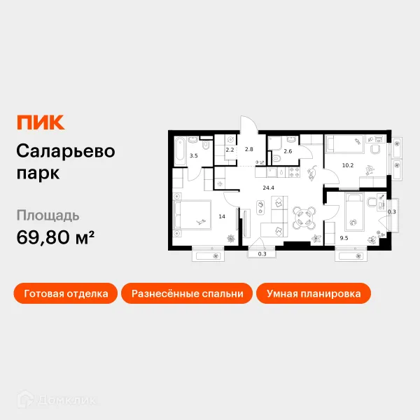 Планировка 3 комн. в ЖК Саларьево парк