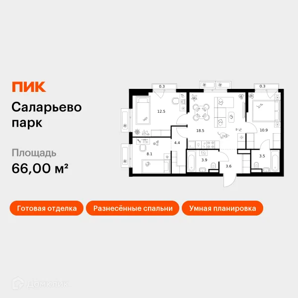 Планировка 3 комн. в ЖК Саларьево парк