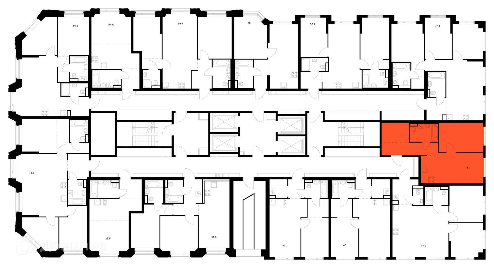 Планировка 1-комнатной квартиры 44 м² в ЖК Саларьево парк, г. Москва — фото 2