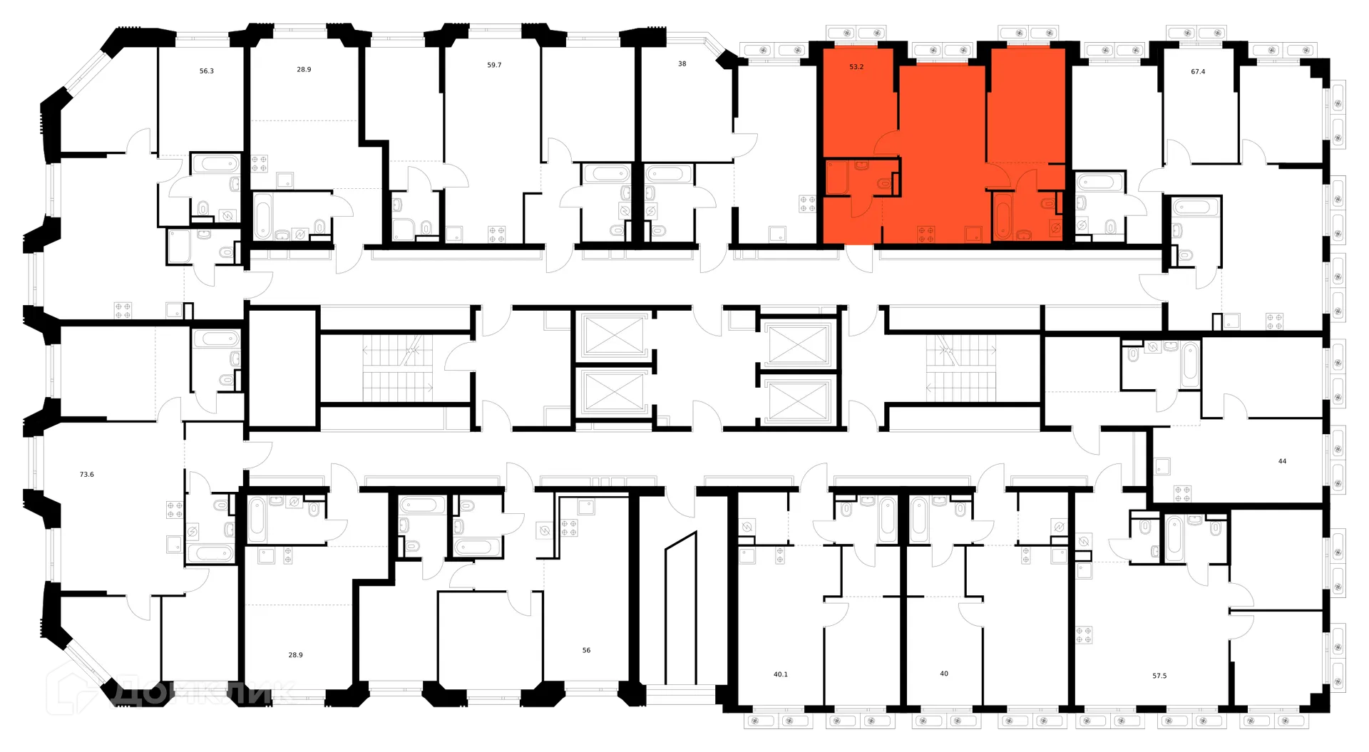Планировка 2-комнатной квартиры 53.2 м² в ЖК Саларьево парк, г. Москва — фото 2
