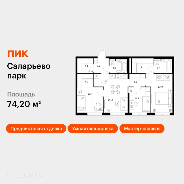 Планировка 3 комн. в ЖК Саларьево парк