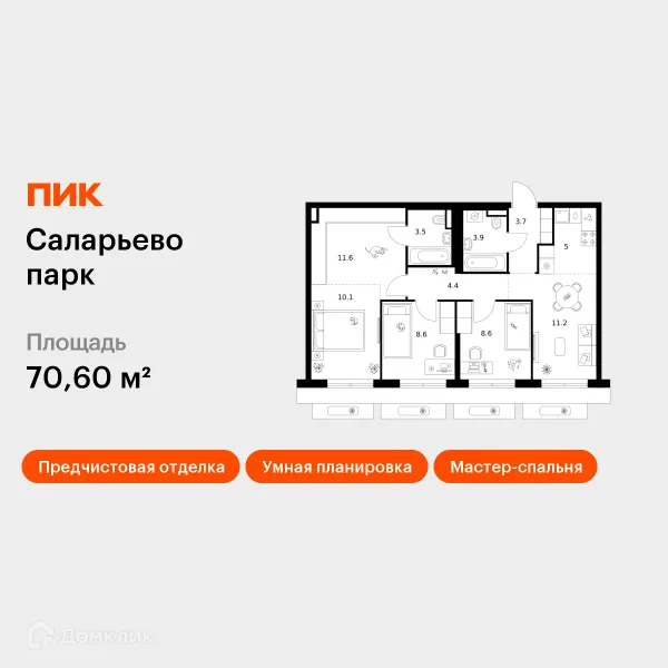 Планировка 3 комн. в ЖК Саларьево парк