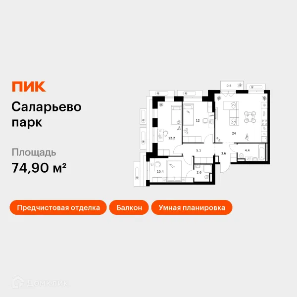 Планировка 3 комн. в ЖК Саларьево парк