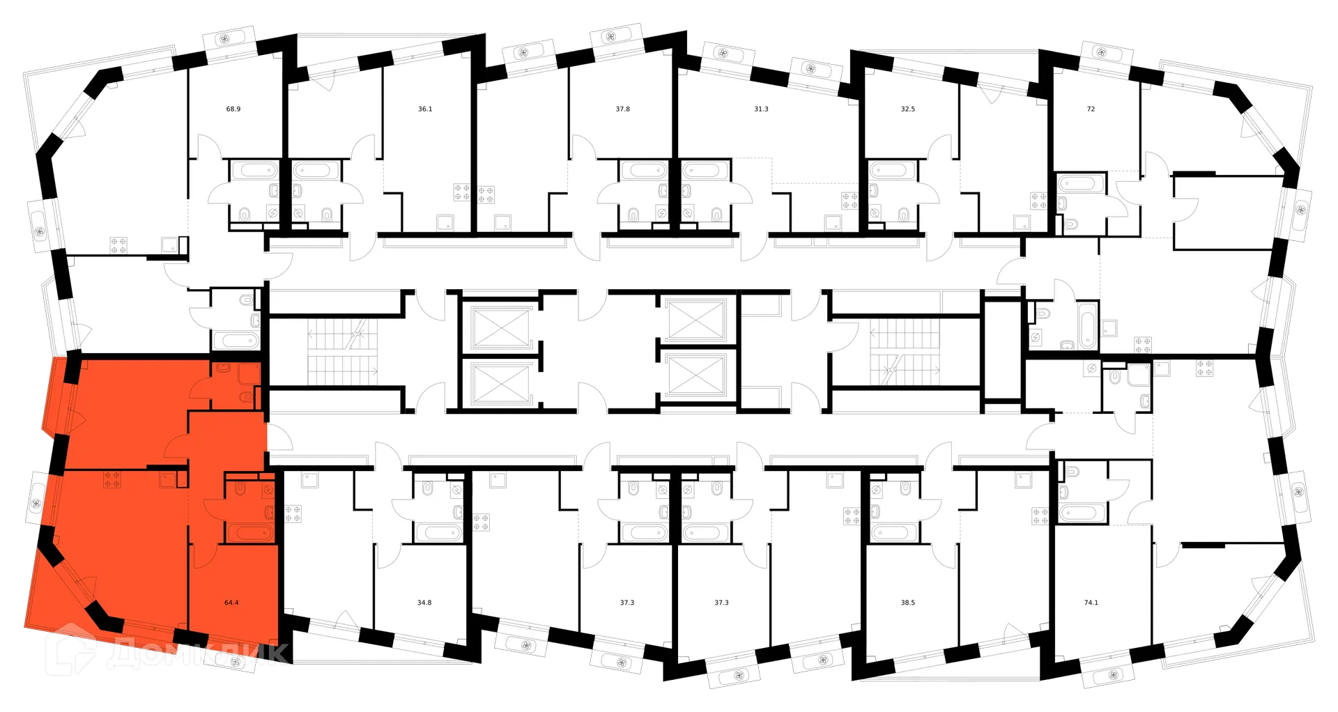 Планировка 2-комнатной квартиры 64.4 м² в ЖК Саларьево парк, г. Москва — фото 2