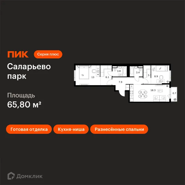 Планировка 2 комн. в ЖК Саларьево парк