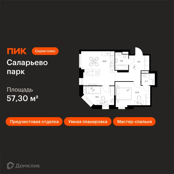 Планировка 2 комн. в ЖК Саларьево парк