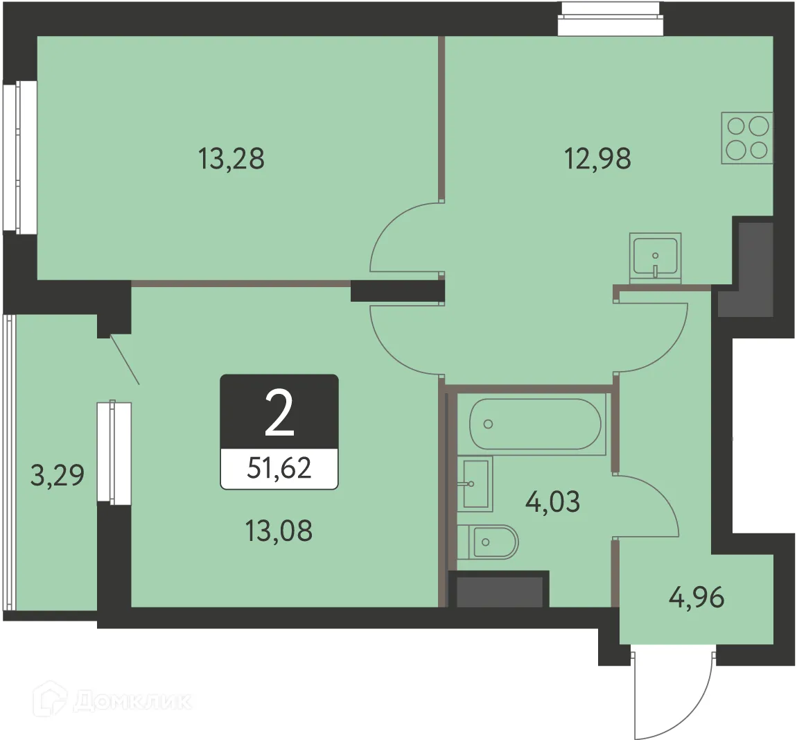 Планировка 2-комнатной квартиры 49.98 м² в ЖК Спутник-1, г. Екатеринбург — фото 1