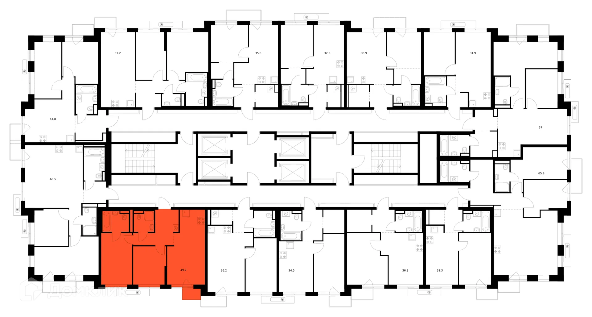 Планировка 2-комнатной квартиры 49.2 м² в ЖК Саларьево парк, г. Москва — фото 2
